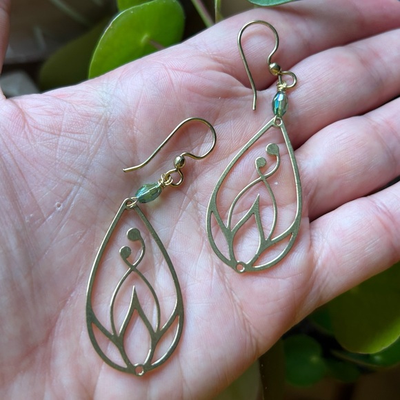 Handmade Teardrop and Glass Brass Earrings - 2” Drop - New - Picture 2 of 2